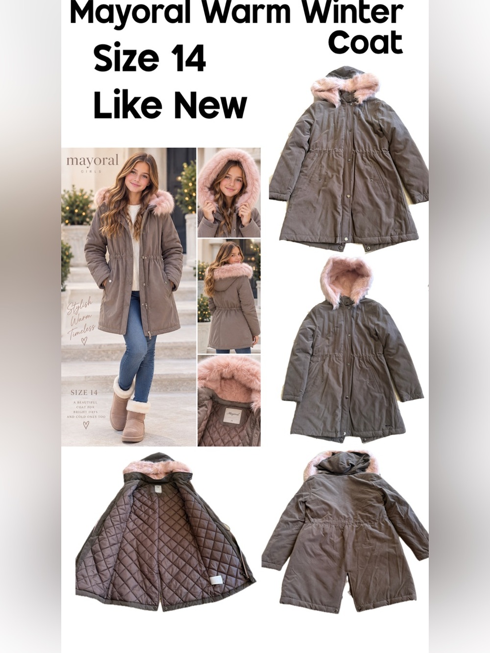 Mayoral Taupe Girls Winter Jacket with Pink Faux-Fur Hood